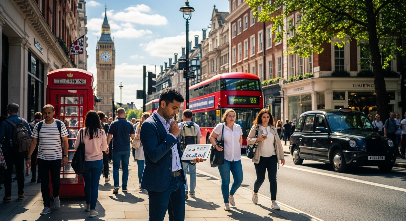 A vibrant, bustling street scene in London with iconic landmarks like Big Ben or a red telephone booth, with a diverse group of people, one of whom is looking thoughtfully at a tablet with business graphs, signifying an expat starting a business in the UK. Photorealistic, bright colors.
