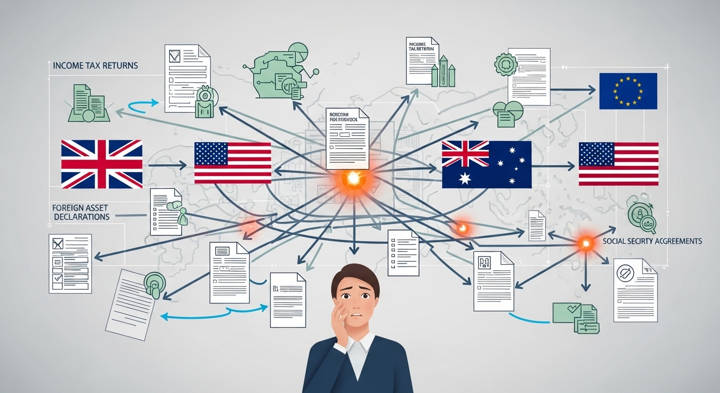 A complex, stylized infographic showing arrows and connections between different country flags (UK, USA, Australia, EU flags) and tax documents, with a person looking slightly perplexed but determined, illustrating the challenges of international tax compliance for an expat. Realistic, detailed, slightly abstract.