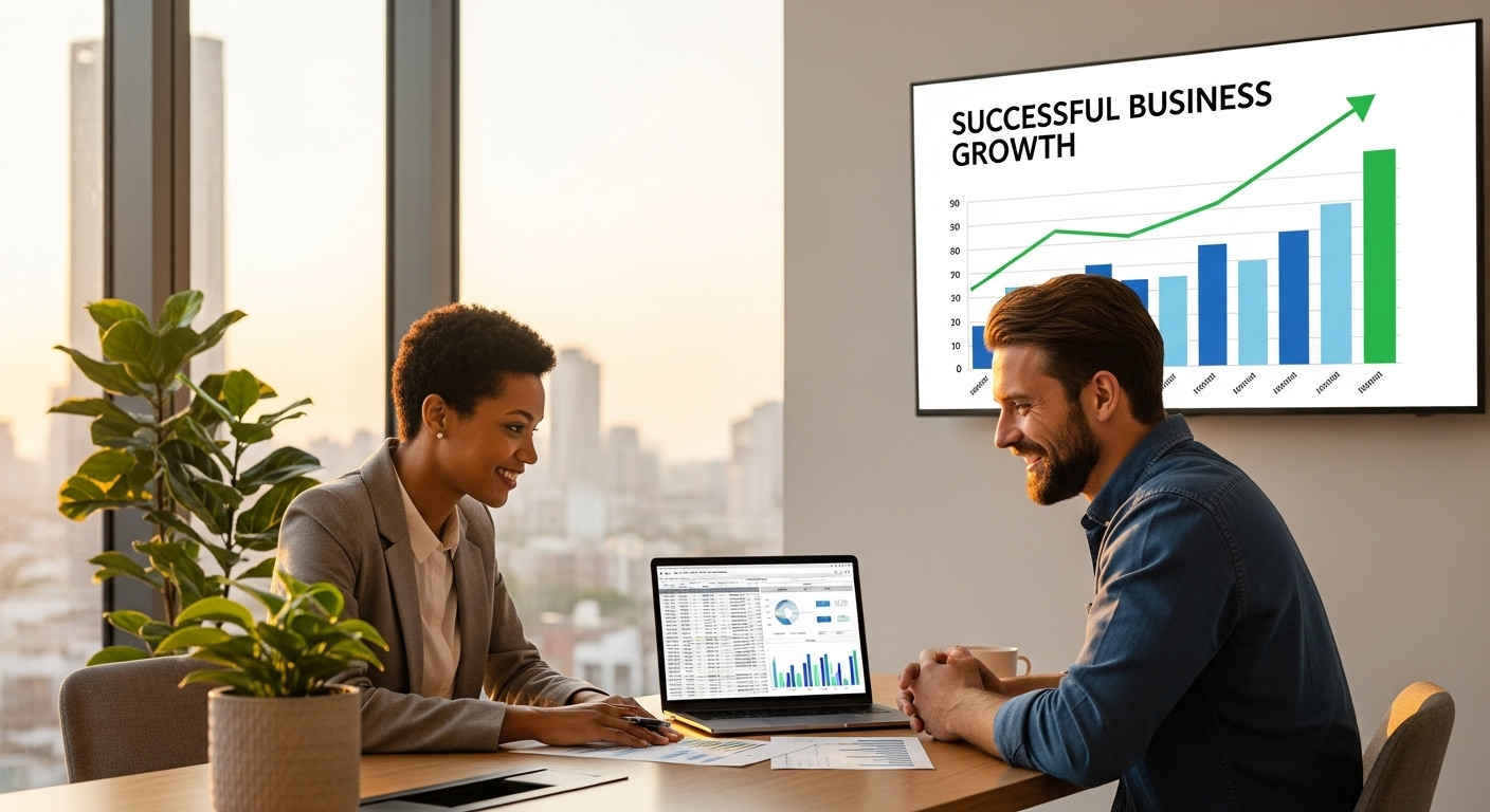 A modern office setting with a professional-looking accountant (diverse, friendly appearance) sitting across a table from a smiling expat client, both looking at financial documents on a laptop, with a successful business chart visible on a screen in the background. Photorealistic, warm lighting, professional atmosphere.