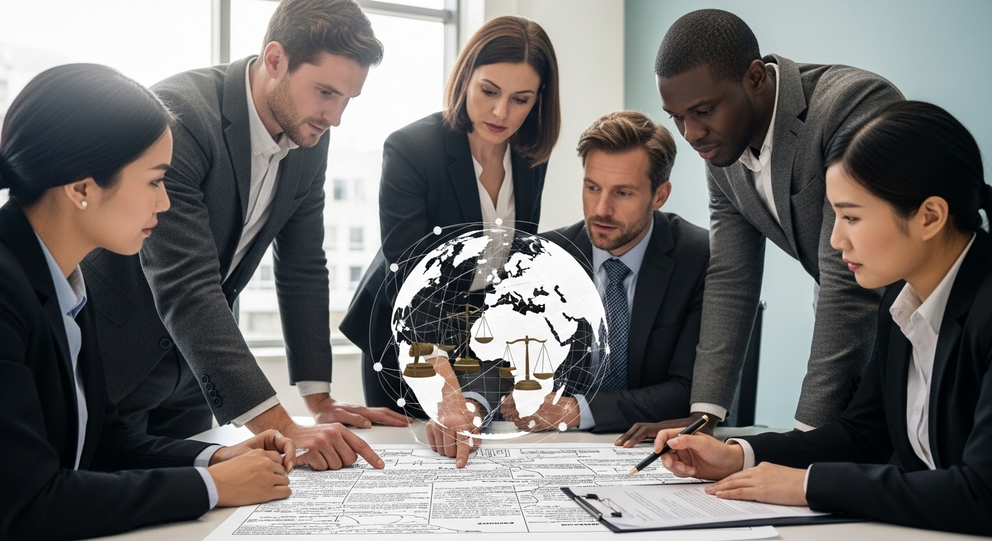 A diverse group of business professionals, including a UK expat, looking intently at a complex legal document with a globe overlay, symbolizing international business and legal challenges. The setting is a modern office with natural light, professional and serious tone. Photorealistic.