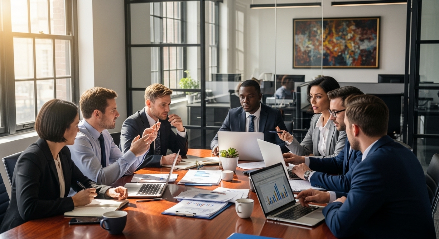 A diverse business team, including an expat, in a modern, well-lit office, engaged in a professional discussion around a conference table. There are legal documents and laptops present, suggesting strategic business planning. Photorealistic and detailed.