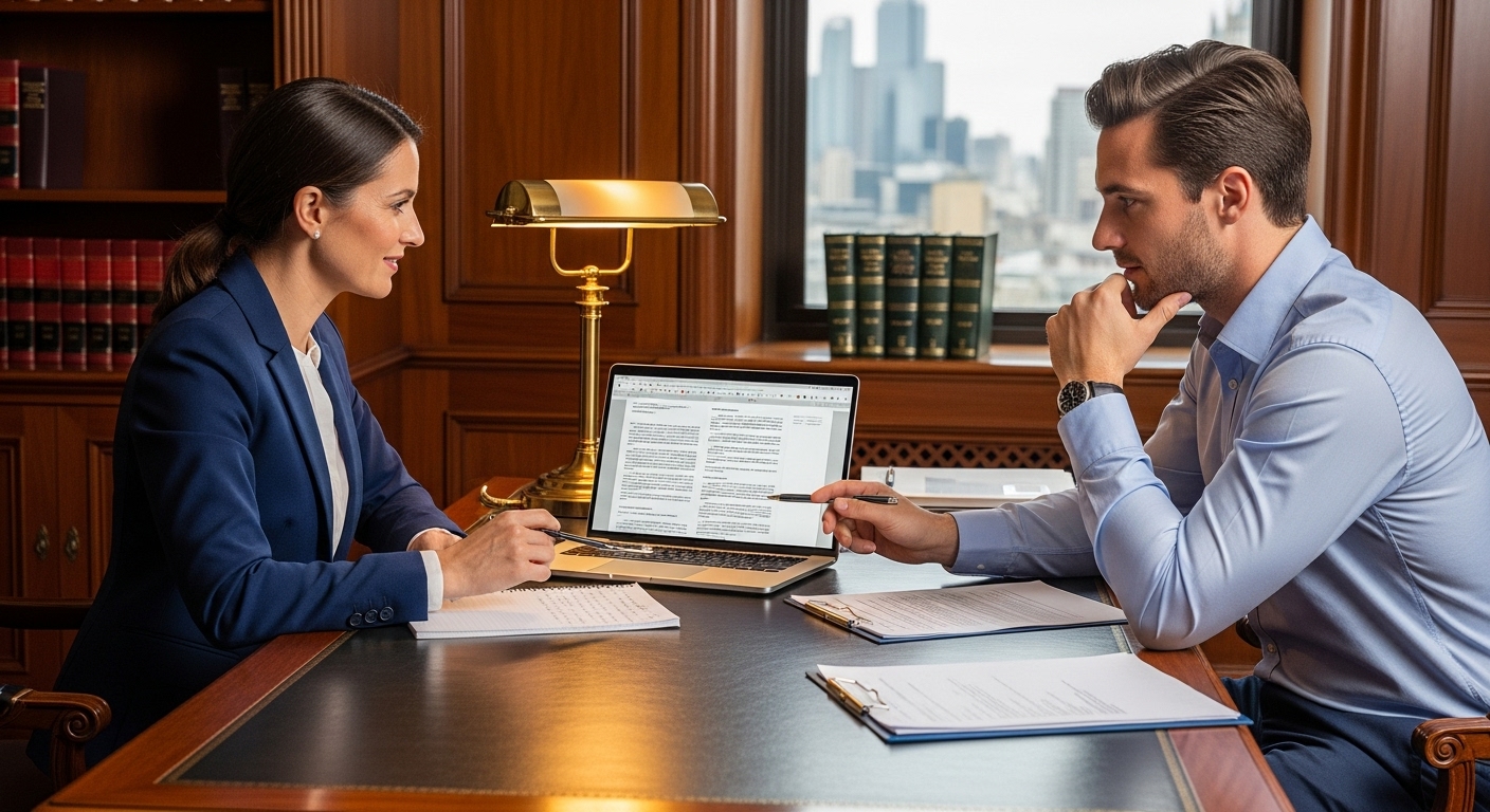 A professional legal consultant or lawyer, possibly of UK origin or with international expertise, in a well-appointed office, advising a UK expat entrepreneur. They are looking at a laptop or documents together, engaged in a serious and constructive discussion. Soft, professional lighting. Photorealistic.