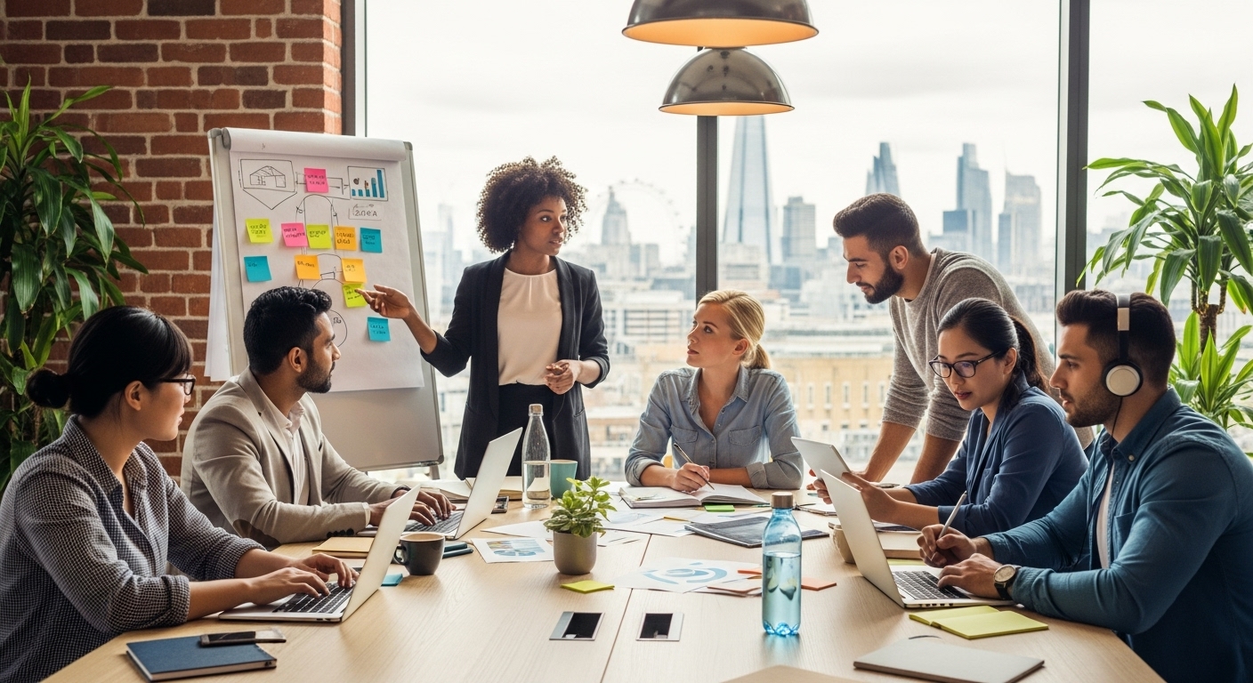 A diverse group of young, ambitious entrepreneurs from various backgrounds collaborating actively in a modern, brightly lit co-working space in central London, showcasing innovation and cross-cultural teamwork. They are engaged in discussions, brainstorming, and working on laptops, with a cityscape visible through large windows.