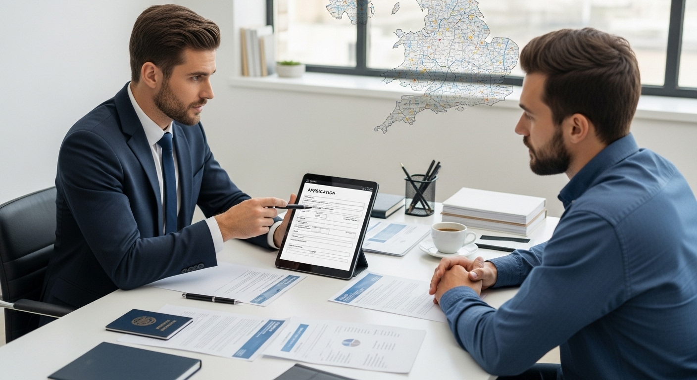 A professional immigration consultant or business advisor, dressed smartly, is sitting at a desk and pointing at a section of an application form on a tablet screen, explaining details to a focused expat entrepreneur. A stylized map of the UK is subtly visible in the background, and relevant documents are spread on the table, symbolizing expert assistance and clarity.