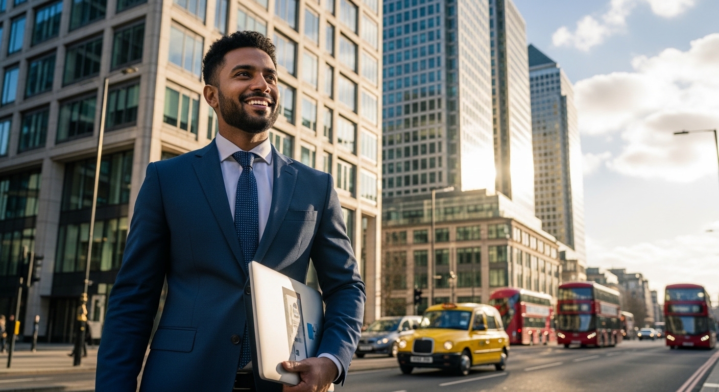 An expat entrepreneur, radiating confidence and success, stands smiling in front of a modern, glass-fronted high-rise office building in a bustling UK city. They are holding a sleek laptop, looking towards the future, symbolizing the successful launch of their business and new opportunities in the UK.