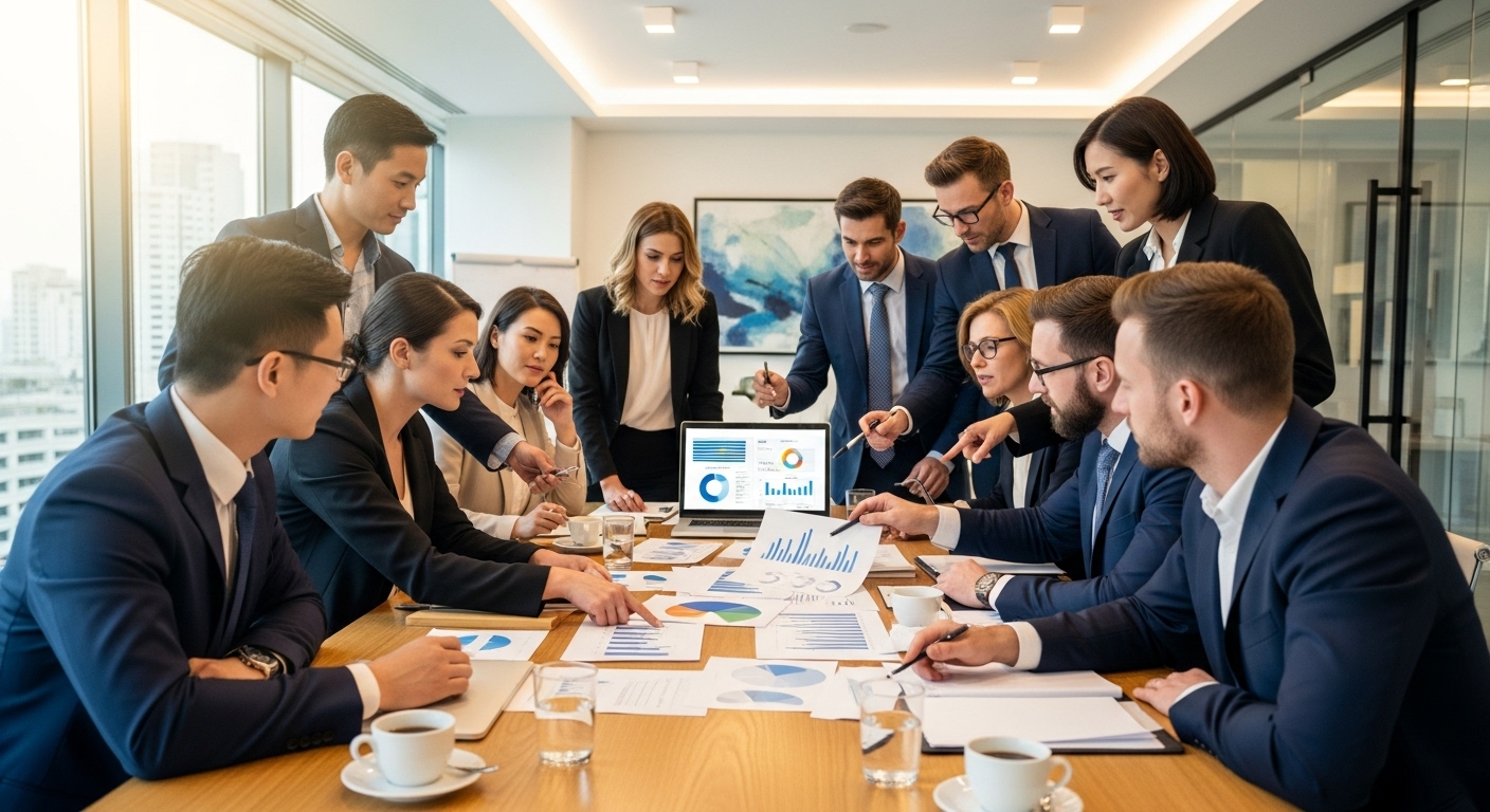 A diverse group of business professionals, some appearing to be from different international backgrounds, gathered around a large table in a modern, well-lit office discussing financial documents and charts. The setting is professional and collaborative, with a laptop displaying financial data. Photorealistic, high-resolution.