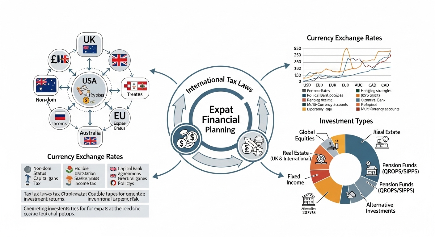 A detailed infographic or chart visually explaining the complex interplay of international tax laws, currency exchange rates, and various investment types, specifically tailored for expat finances in the UK. The design should be clean, modern, and easy to understand with clear labels. Photorealistic, high-resolution.