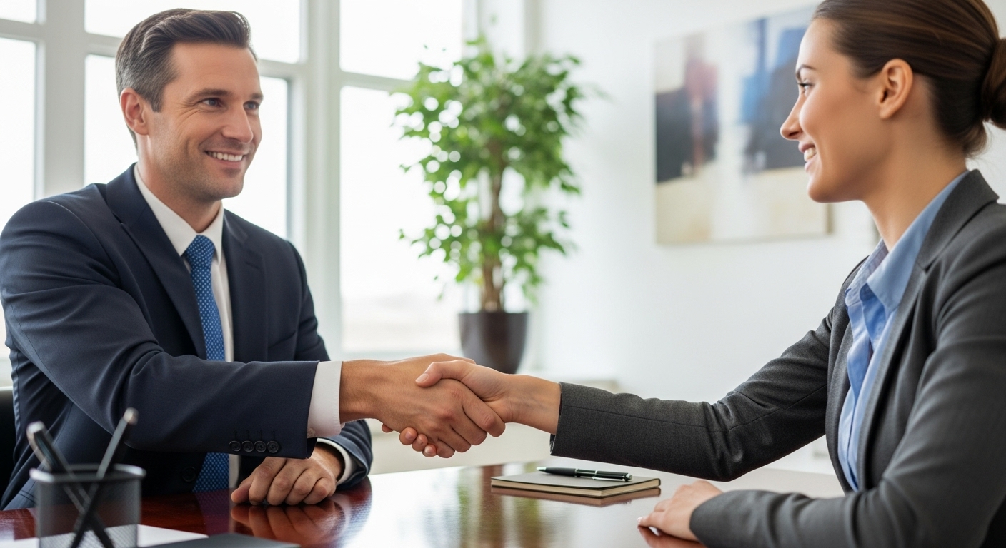 A close-up shot of a friendly, professional financial advisor in a suit, shaking hands with a client (who appears to be an expat) across a polished wooden desk in a bright, contemporary office. Both individuals are smiling, conveying trust and professionalism. Photorealistic, high-resolution.