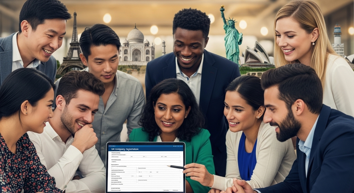 A diverse group of expat entrepreneurs from different corners of the world, smiling and looking confidently at a laptop screen displaying a UK company registration form, with iconic global landmarks subtly blurred in the background, realistic photo