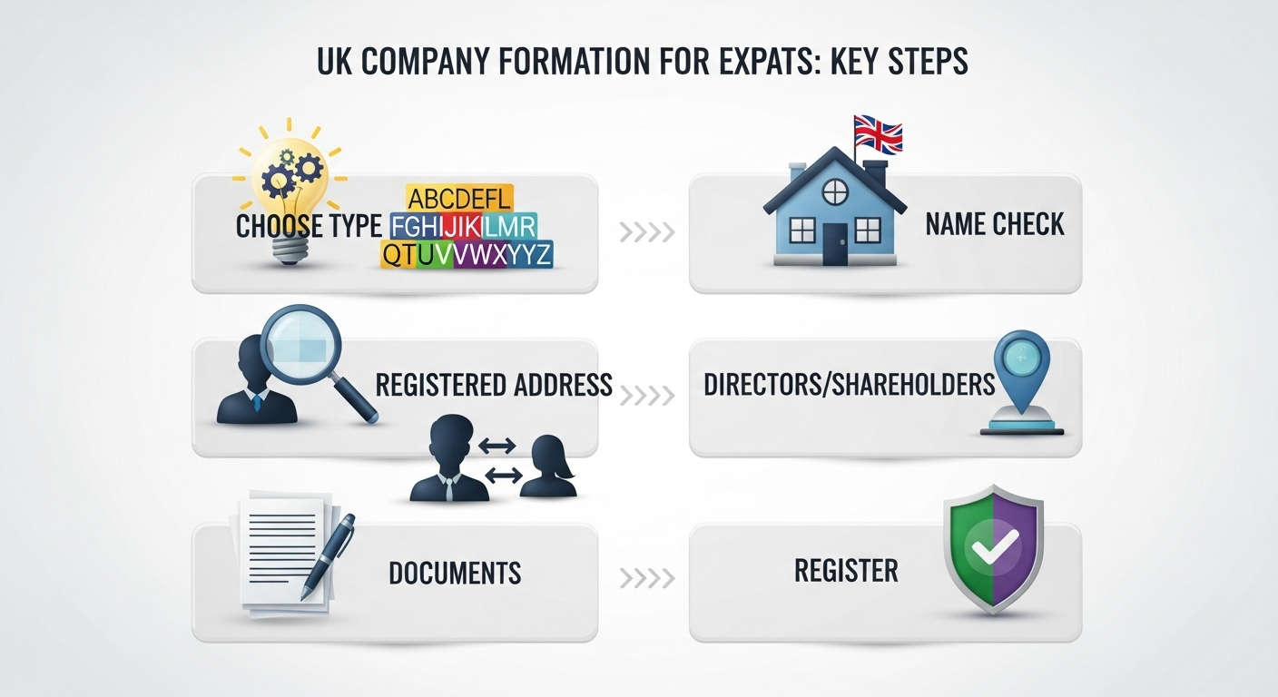 A stylized infographic showing the key steps of UK company formation for expats: 'Choose Type', 'Name Check', 'Registered Address', 'Directors/Shareholders', 'Documents', 'Register'. Each step has a small, relevant icon, presented in a clean, modern design, realistic photo