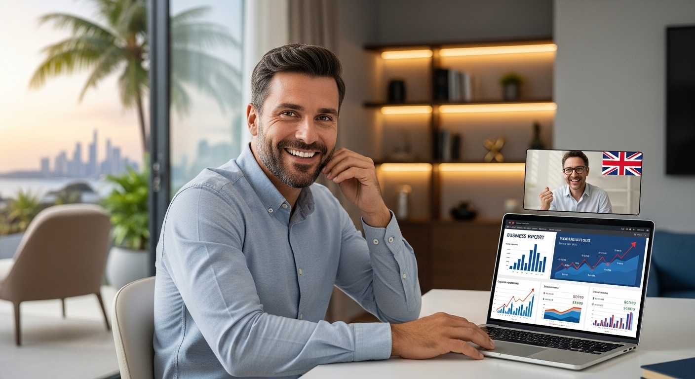 A professional expat looking relieved and successful while on a video call with a UK-based financial advisor, a laptop showing a successful business report, and a background that subtly blends a modern home office with a touch of exotic scenery outside a window, realistic photo