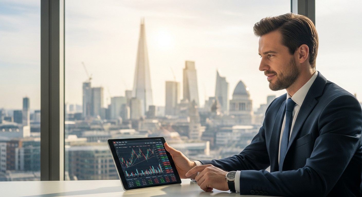 A sophisticated investor, mid-30s, professionally dressed, looking confidently at a tablet displaying financial graphs, with the iconic London skyline in a slightly blurred background, bathed in warm, early morning light.