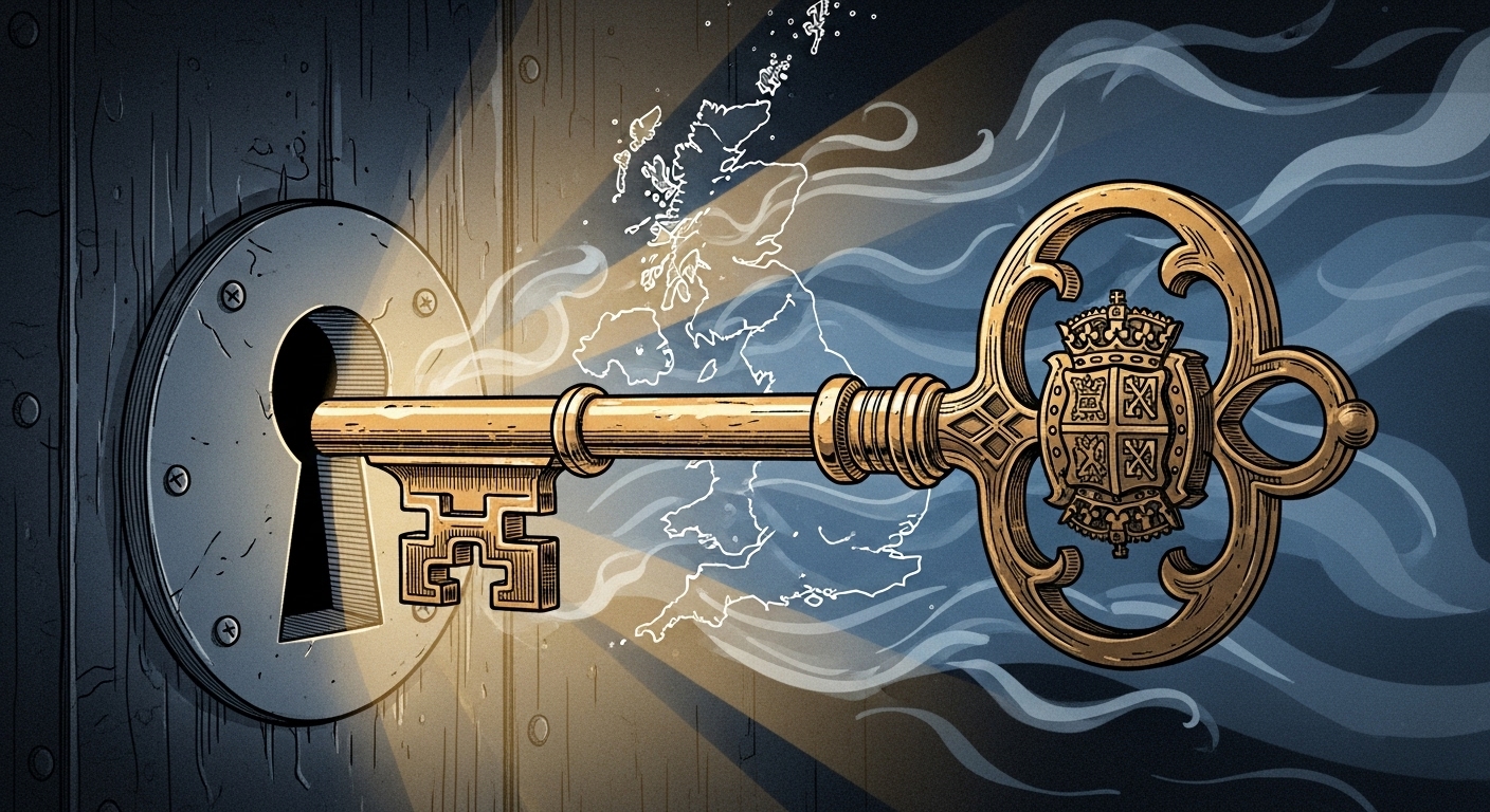A stylised illustration depicting a large, ornate golden key being slowly withdrawn from a lock, with a faint outline of the UK map in the background, symbolising the closure of a prestigious visa pathway.