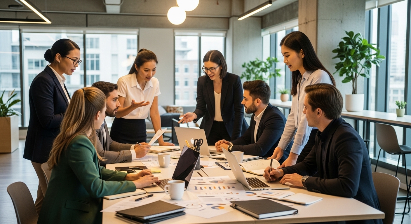 A diverse group of business professionals in a sleek, modern co-working space, actively collaborating around a large table with laptops and documents, conveying innovation and entrepreneurial spirit.