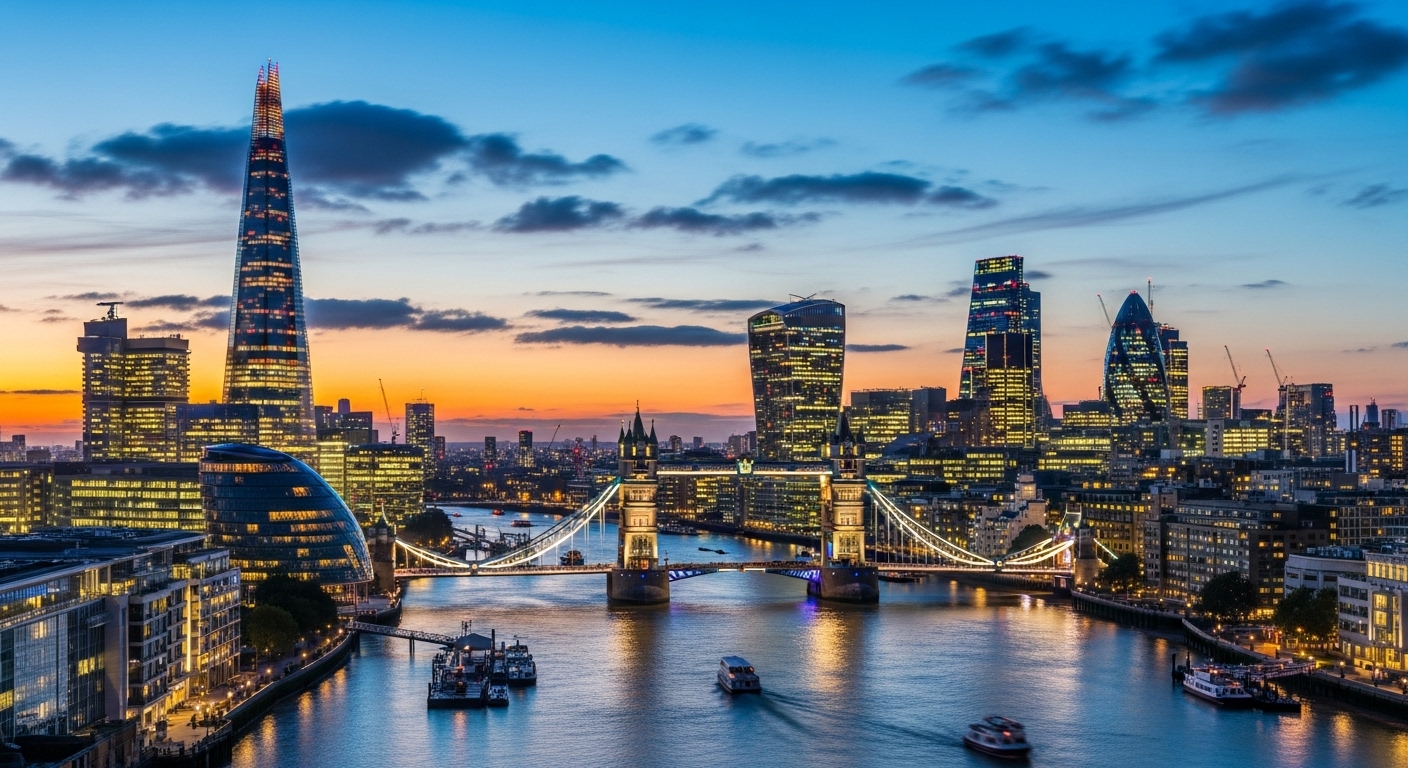 A bustling, modern city skyline in London at dusk, showcasing iconic landmarks like the Shard and Tower Bridge, with vibrant lights reflecting on the Thames, emphasizing a dynamic business hub. Photorealistic style.