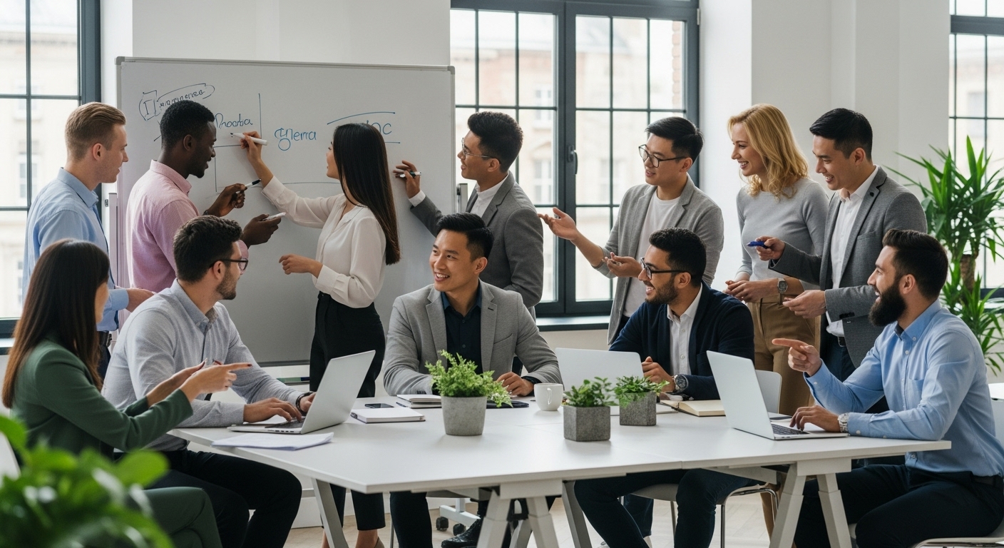 A diverse group of young, enthusiastic professionals from various ethnic backgrounds collaborating in a modern, open-plan office space. They are smiling, interacting with laptops and whiteboards, depicting a vibrant and skilled workforce. Photorealistic style.