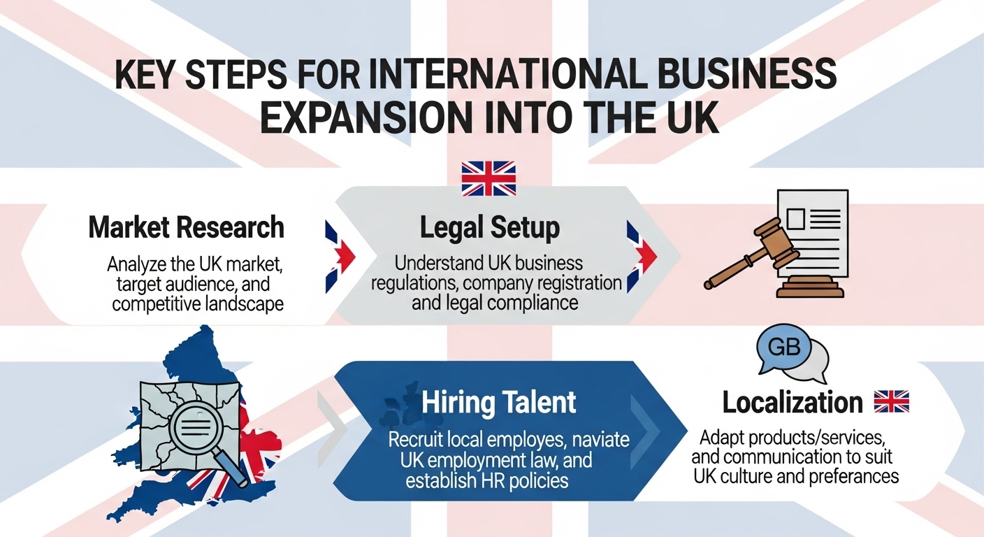 A professional, clear infographic or flowchart showing the key steps for international business expansion into the UK. It should include icons for 'Market Research', 'Legal Setup', 'Hiring Talent', and 'Localization', with the UK flag subtly integrated into the design. Modern and clean graphic style.