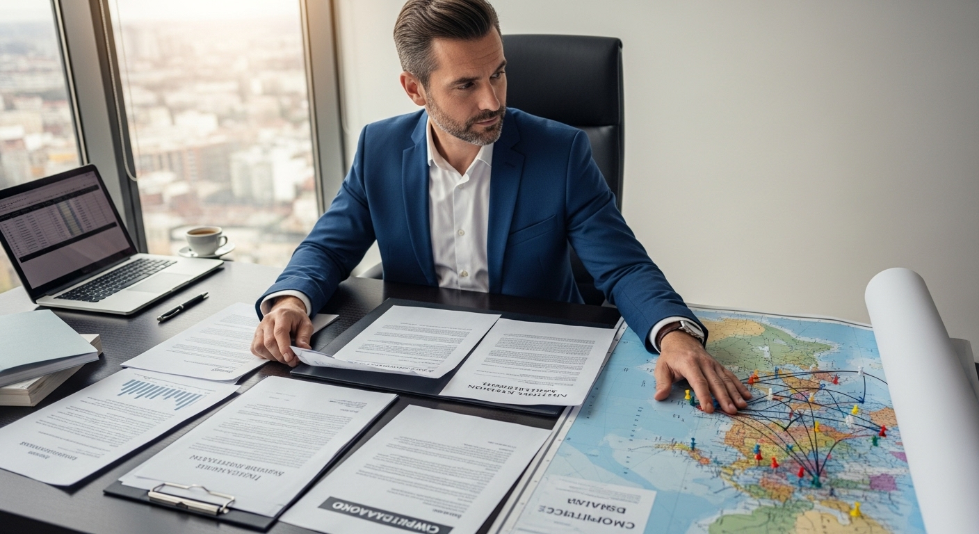 A professional, photorealistic image of a UK expat looking thoughtfully at a complex array of legal documents and a world map on a desk, symbolizing the challenges of international business. The expat is well-dressed, in a modern office setting, with a slightly contemplative expression.