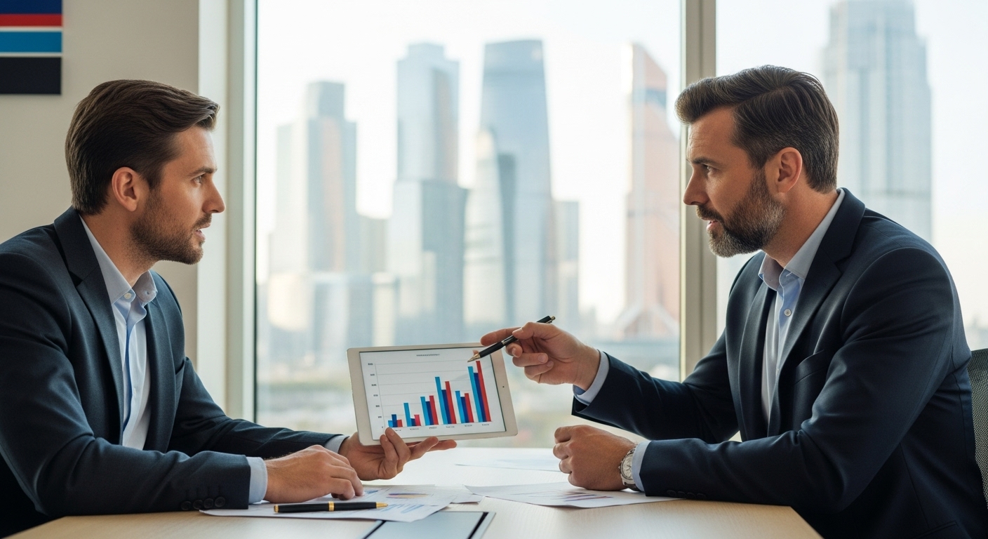 A high-quality, photorealistic image of a professional business consultant in a modern office, pointing to a graph on a tablet while discussing strategy with a UK expat client. Both individuals are engaged and professionally dressed, with a city skyline visible through the window.