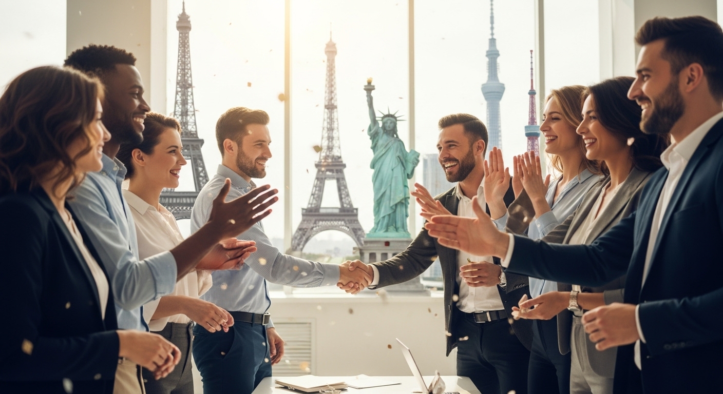 A vibrant, photorealistic image depicting a diverse team of professionals from different cultural backgrounds celebrating a successful business launch, with a subtle backdrop of international city landmarks, symbolizing global business success and collaboration. They are shaking hands and smiling genuinely.