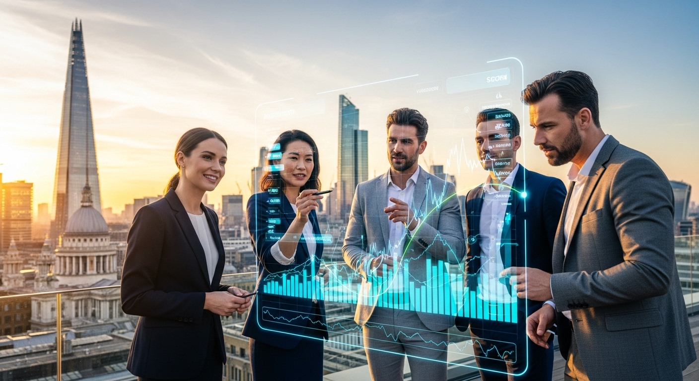 A diverse group of UK expats, professionally dressed, looking at a digital investment chart overlaying a panoramic view of the London skyline at sunset. They are discussing and pointing at specific data points with an air of confidence and collaboration. The image should be vibrant and high-resolution.