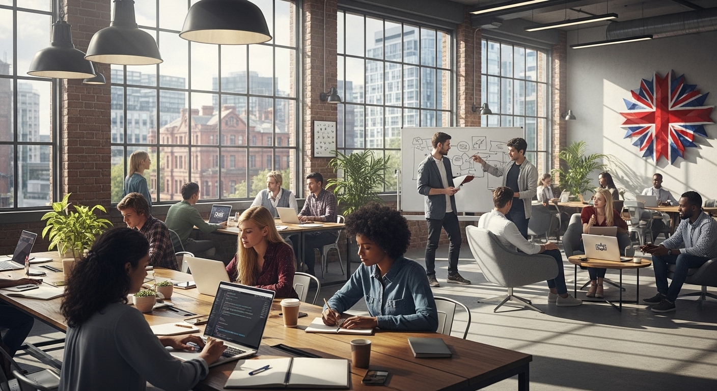 A bustling, modern co-working space in a UK city like Manchester or Birmingham, with people from diverse backgrounds collaborating on laptops and whiteboards. Sunlight streams through large windows, and a subtle Union Jack flag can be seen in the background, symbolising national progress and innovation.