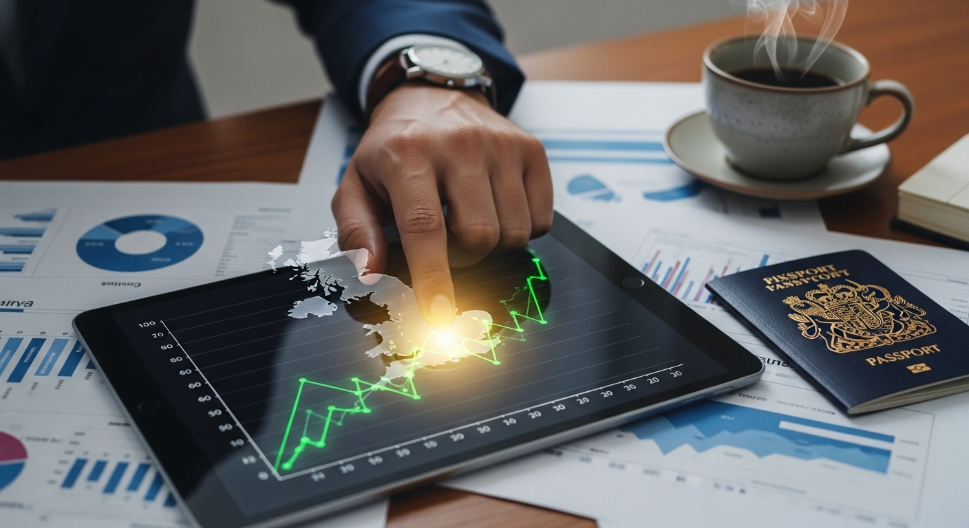 A close-up, high-angle shot of a hand tapping on a tablet displaying a growth graph with a subtle UK map outline in the background. The tablet is surrounded by financial documents, a passport, and a coffee cup, suggesting a busy professional engaged in international investment planning.